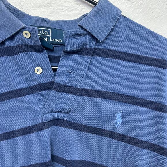 Ralph Lauren Polo Shirt M Navy Blue Stripe Cotton Classic Preppy Logo Casual Men - Picture 2 of 6